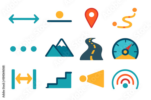 Minimalist Distance Icons. Distance Icons flat set: long arrow, horizon line, far-point marker, stretched path, spaced dots, remote peak, extended road, distance gauge, wide gap
