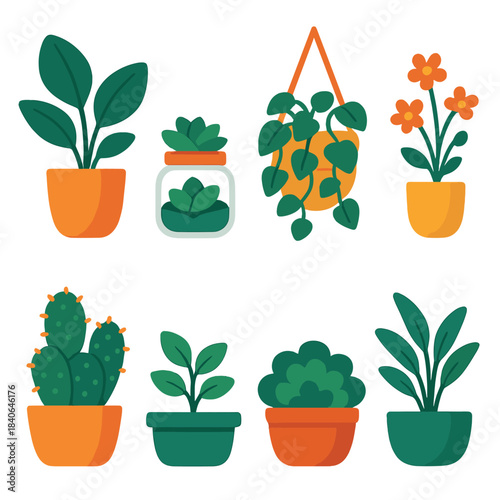 Vibrant Plant Icons. Cozy Home Plant Set flat set: leafy plant pot, small succulent jar, trailing vine basket, indoor flowering sprig, cactus cluster, mini herb planter, compact
