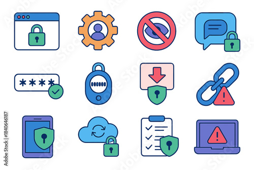 Online Safety Icons. Online Safety Components isometric flat set: secure browser tab, privacy settings gear, tracking blocker icon, encrypted message bubble, strong password marker