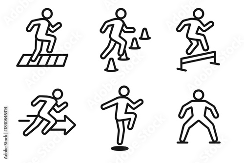 Fitness Drill Icons. Fitness & Agility Drills linear set: ladder steps, cone zigzag, hurdle hop, sprint arrow, balance stance, quick shuffle.