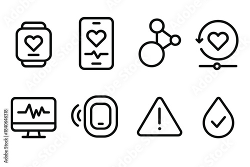 Digital Care Icons. Integrated digital care linear set: tracker device tile, mobile health panel, vitals node, data sync bar, alert indicator icon, dashboard screen, sensor hub,
