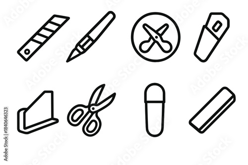 Cutting Tool Add-Ons. Cutting tool add-ons linear set: snap-off blade, detail cutter, scissor sharpener, blade holder, trim guide, micro snips, safety cap, cutting strip.