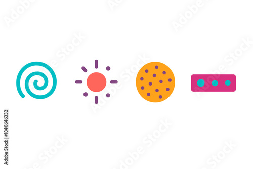 Pollution Icon Pathways. Minute Pollution Pathways flat set: fine-fragment coil, airborne speck bead, trace-contaminant bar.