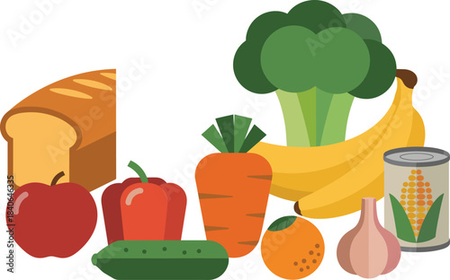 Healthy food illustration featuring fruits, vegetables, bread, milk and groceries, colorful nutrition concept for market, organic food and diet design