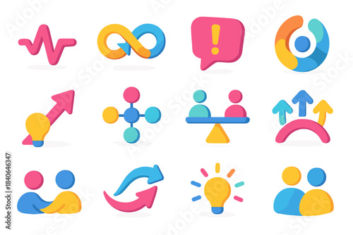 Team Energy Icons. Collaborative Team Energy isometric flat set: energy pulse icon, cooperative loop, motivation shout bubble, teamwork ripple, idea-to-action arrow, group synergy