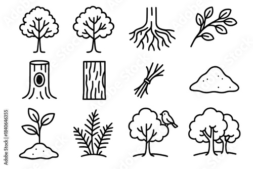 Outlined Forest Icons. Arboreal Environment Set linear set: tall trunk, branching crown, root spread, leafy bough, tree hollow, bark layer, twig bundle, soil mound, sapling rise,