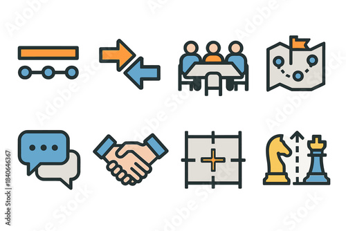 Collaboration Icons Set. Multi-Team Coordination Elements set of icons in flat pixel vector style: shared timeline, integration arrows, cross-team meeting table, project milestones