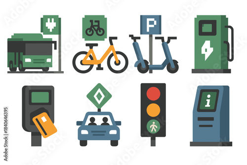 Eco Transit Icons. Eco Transit Innovations pixel style set: electric bus stop, shared e-bike, scooter hub, charging station, transit card reader, carpool sign, pedestrian priority