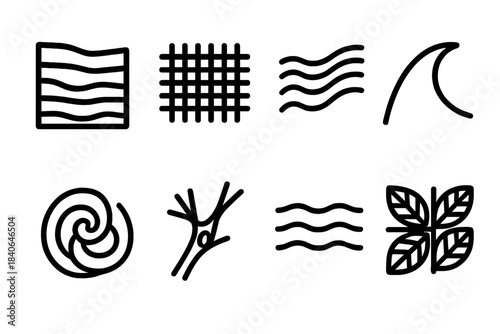Nature Pattern Icons. Earth-Derived Pattern Icons linear set: stone strata bar, reed weave, flowing stream band, dune crest arc, floral whorl, branch knot, ripple strip, leaf