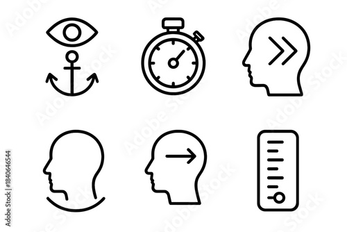 Cognitive Mechanics Icons. Focused State Mechanics linear set: attention anchor, timing precision mark, cognitive filter, stability arc, directed awareness icon, concentration