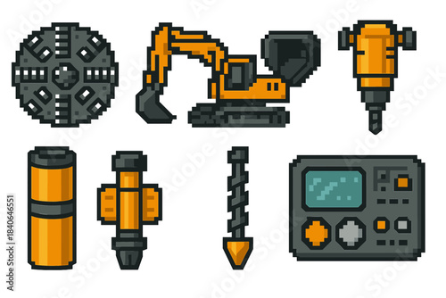 Excavation Icon Set. Excavation machinery collection set of icons in flat pixel vector style: tunnel borer head, hydraulic shovel, scoop bucket, percussion drill, casing pipe, rig