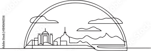 Continuous Line Art of Muscat Skyline with Coastal Mountain Arc Minimal Outline Illustration