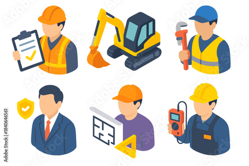 Worksite Role Icons. Worksite Role Set isometric flat set: shift leader, excavator operator, utility worker, compliance officer, planning aide, field technician.