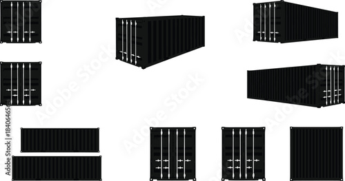 Shipping container views, black silhouette, cargo box, logistics icon, front, back, side, top, angled, industrial, transport, export