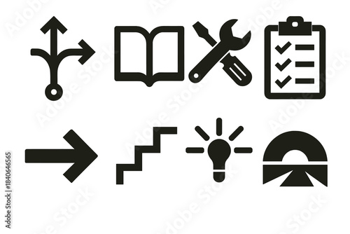 Brutalist Vocational Icons. Vocational Expansion Route silhouette set: branching pathways, knowledge book, workshop symbol, evaluation sheet, guidance arrow, steady steps,