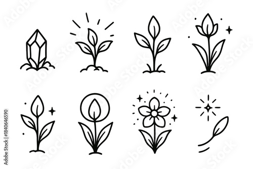 Fantasy Growth Icons. Fantasy growth progression linear set: crystal seed, biolight sprout, aura-wrapped shoot, rising stalk, halo bud, star-lit blossom, glowing flower, drifting
