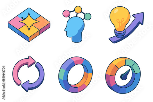 Colorful Innovation Icons. Augmented Conceptualization Tools flat isometric set: imaginative spark tile, thought network icon, idea propagation arrow, creative feedback loop,