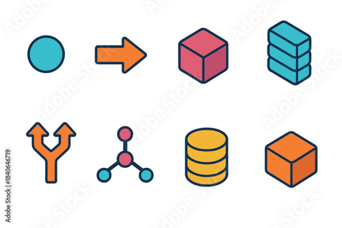 Isometric Routing Icons. Information routing elements isometric flat set: source node, transfer arrow, buffer block, data queue, split route, join hub, storage icon, final output.