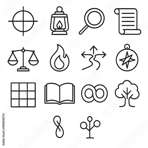 Philosophical Symbols Icons. Core Philosophical Themes linear set: existence symbol, truth lantern, inquiry magnifier, reason scroll, ethics scale, virtue flame, free will path,