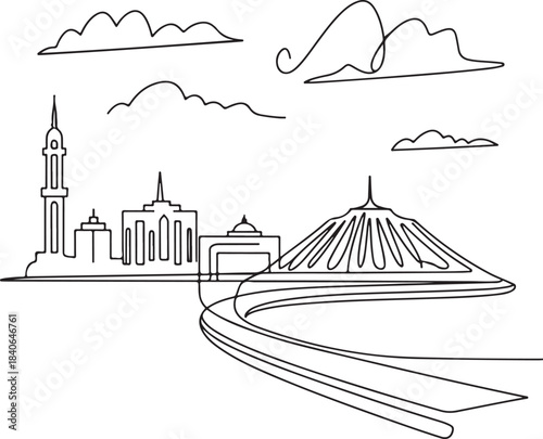 Continuous Line Art of Muscat Skyline with Muttrah Corniche Curve Minimal Outline Illustration