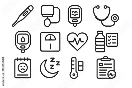 Health Monitoring Icons. Health Monitoring Essentials linear set: thermometer, blood pressure cuff, pulse oximeter, stethoscope, glucose meter, weight scale, heart rate icon,
