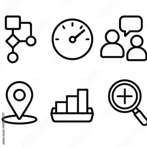 Workflow Icon Set. Professional Workflow Aids linear set: workflow map, status indicator, collaboration bubble, milestone marker, resource tray, clarity lens.