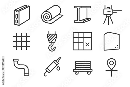 Modern Construction Elements. Modern Construction Set linear set: prefab panel, insulation roll, steel brace, laser level line, reinforced mesh, site crane hook, layout grid,