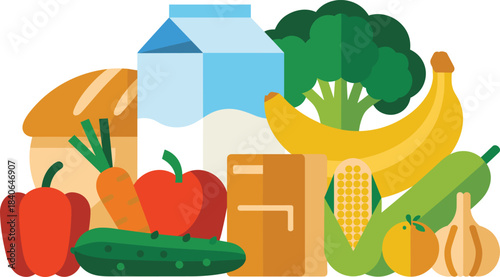 Healthy food illustration featuring fruits, vegetables, bread, milk and groceries, colorful nutrition concept for market, organic food and diet design