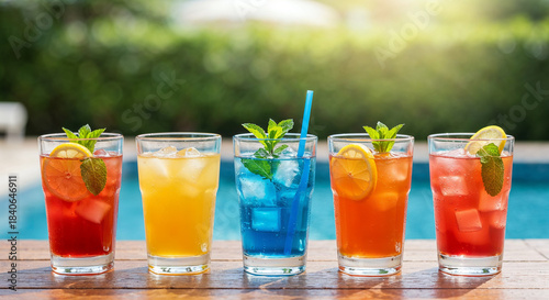 Three vibrant, refreshing cocktails in clear glass 