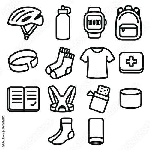 Everyday Fitness Essentials. Everyday Active Kit linear set: bike helmet, reusable bottle, step counter, compact backpack, reflective band, comfy socks, quick-dry shirt, mini first