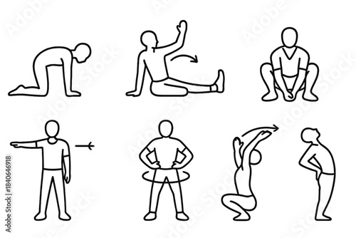 Dynamic Mobility Icons. Mobility exercise set linear set: cat–cow motion, thoracic twist, ankle mobility roll, deep squat hold, arm circle, hip rotation, shoulder mobility arc,