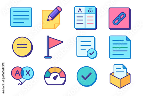 Multilingual Editing Icons. Multilingual Editing Stages isometric flat set: raw text block, markup note, bilingual table, reference link, segment edit icon, error flag, clarity