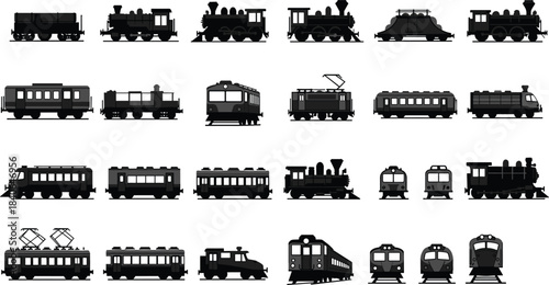 Train silhouette clipart, steam electric diesel locomotive icons, passenger freight car vector, black railway graphics, transportation illustration set