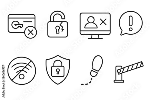 Security Breach Icons. Security breach elements linear set: unauthorized token use, tampered lock icon, login failure mark, alert bubble, rogue access symbol, locked shield,