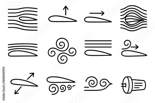 Aerodynamics Icon Set. Aerodynamic Principles linear set: airflow streamlines, lift vector arrow, drag force arrow, pressure gradient map, wing cross-section, boundary layer sheet,