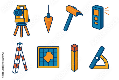 Field Survey Tools. Field Survey Instruments isometric flat set: tripod-mounted scope, plumb bob, stake hammer, laser measure, folding staff, grid map, boundary peg, angle gauge.