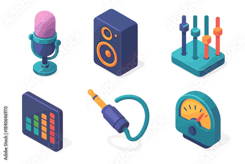 3D Sound Equipment Icons. Professional Sound Set flat isometric set: condenser mic, speaker cabinet, control fader, equalizer tile, cable connector, performance meter.