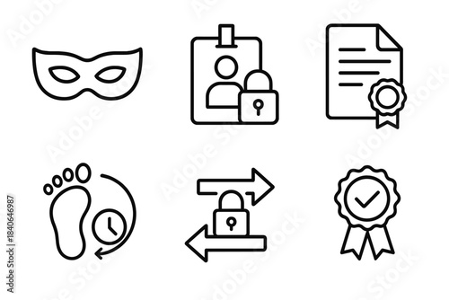 Secure Data Icons. Confidential Data Handling linear set: privacy mask, restricted access badge, sealed document, audit trail icon, safe transfer arrows, integrity seal.