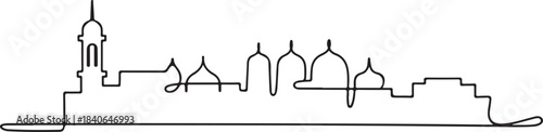 Continuous Line Art of Muscat Skyline with Old Muttrah Rooftops Minimal Outline Illustration