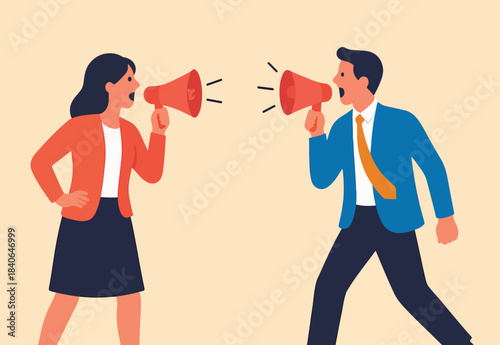 Communicate message, announce job vacancy for hiring, shouting promotion or company communication, warning alert or beware or important message concept, businessman and woman shouting on megaphone.