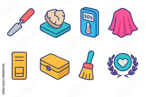 Preservation Tool Icons. Preservation process icons isometric flat set: restoration spatula, artifact support pad, climate control meter, dust sheet, catalog label, protective case