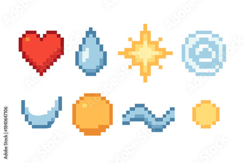 Pixel Art Emotions. Feeling Essence pixel style set: uplifted heart, soft tear mark, glowing pulse, gentle ripple, reflective curve, warm orb, quiet wave, centered dot.