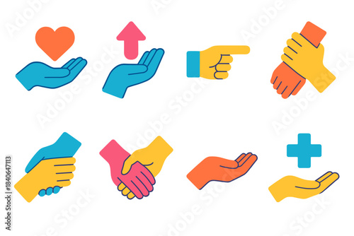 Isometric Care Icons. Assistance & care elements isometric flat set: care hand, uplift motion, guiding point, supportive grip, shared strength gesture, comfort hold, helping