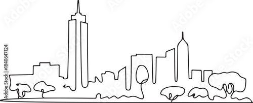 Continuous Line Art of Nairobi Skyline with City Park Foreground Minimal Outline Illustration