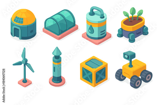 Futuristic Eco Habitats. Low-impact colonization models flat isometric set: solar habitat pod, modular greenhouse, water recycler, soil regenerator, wind microturbine, habitat