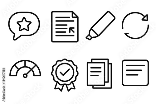 Quality Review Icons. Quality Review Elements linear set: critique bubble, annotated document, highlight marker, revision cycle, performance meter, approval badge, notes stack,