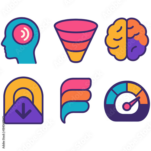 Mind Immersion Icons. Mental Immersion States flat set: engaged mind icon, narrowed-focus cone, cognitive depth layer, idea tunnel arrow, absorption symbol, intensity meter.