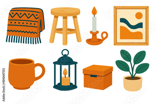 Scandinavian Decor Icons. Scandinavian home decor flat set: wool blanket, birch stool, candle holder, framed abstract print, stoneware mug, floor lantern, storage box, indoor plant