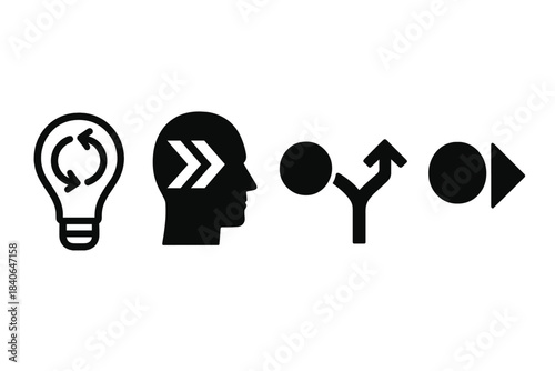 Brutalist Cognitive Icons. Cognitive Synchrony Models silhouette set: synced-idea loop, reasoning flow band, attention-merge icon.