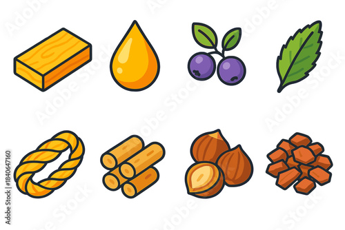 Forest Resource Icons. Forest resource elements isometric flat set: lumber board, tree resin bead, edible fruit, medicinal leaf, fiber rope strand, wood pellet, nut harvest, mulch